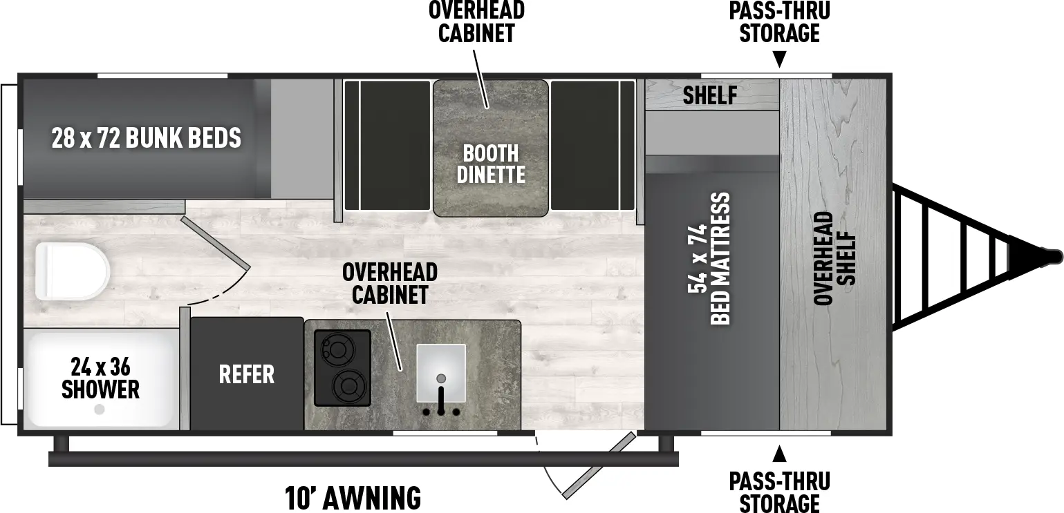 The 17CBH has zero slideouts and one entry. Exterior features front pass-through storage and 10 foot awning. Interior layout front to back: bed mattress with off-door side shelf, and overhead shelf; off-door side booth dinette and overhead cabinet; door side entry, kitchen counter with sink and cooktop, overhead cabinets and refrigerator; rear off-door side bunk beds; rear door side toilet and shower.